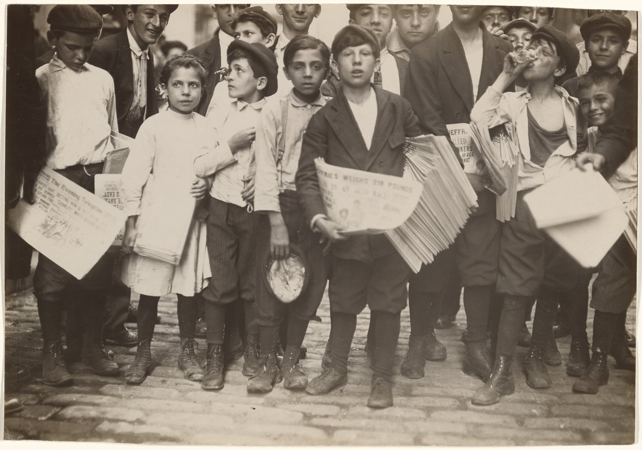 Crowd of Newsies, Including One Girl by Lewis W. Hine