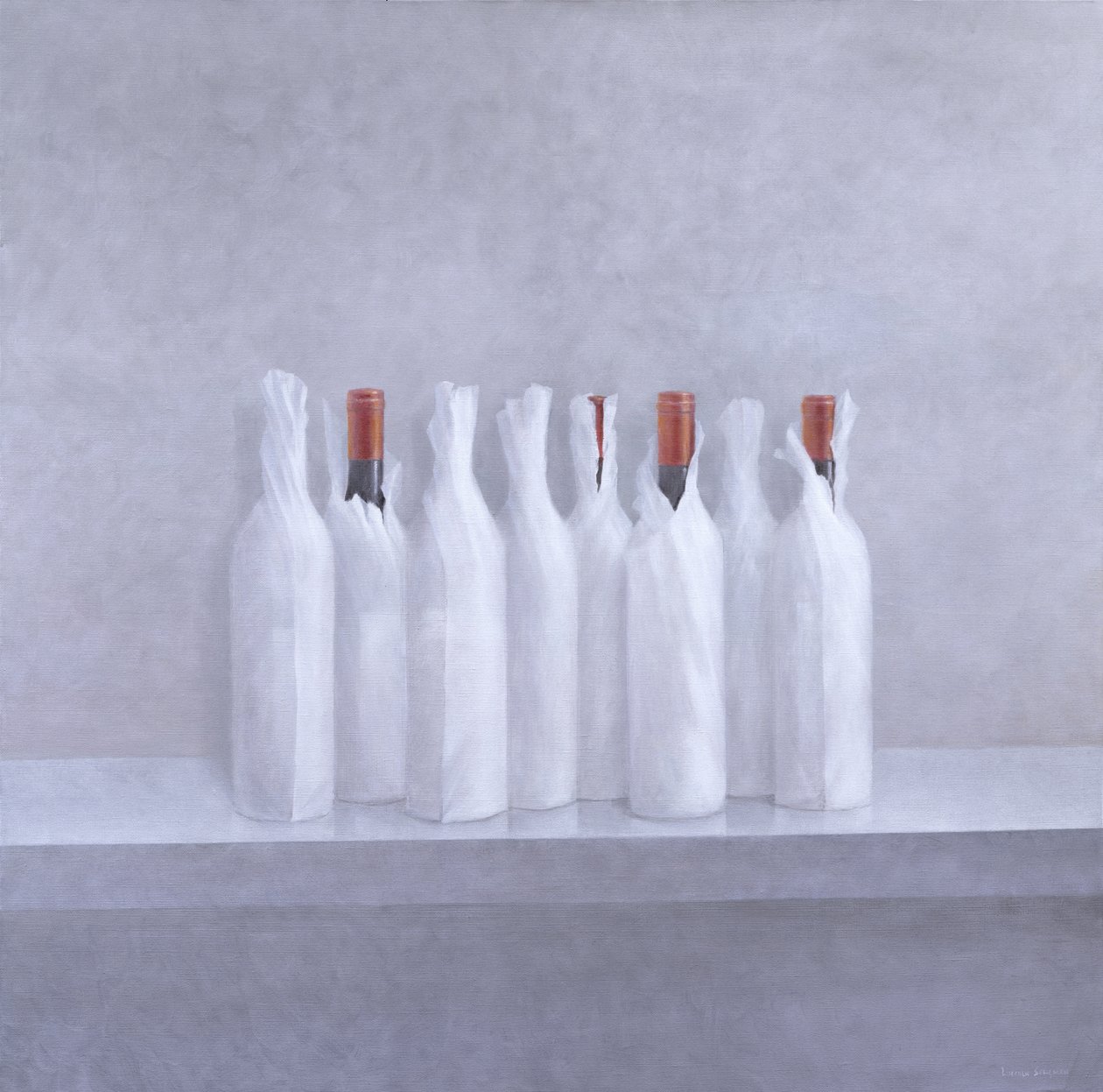 Wrapped bottles on grey by Lincoln Seligman