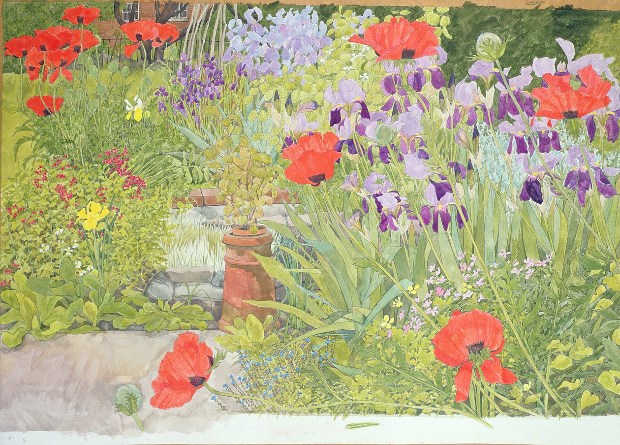 Poppies and Irises near the Pond by Linda Benton