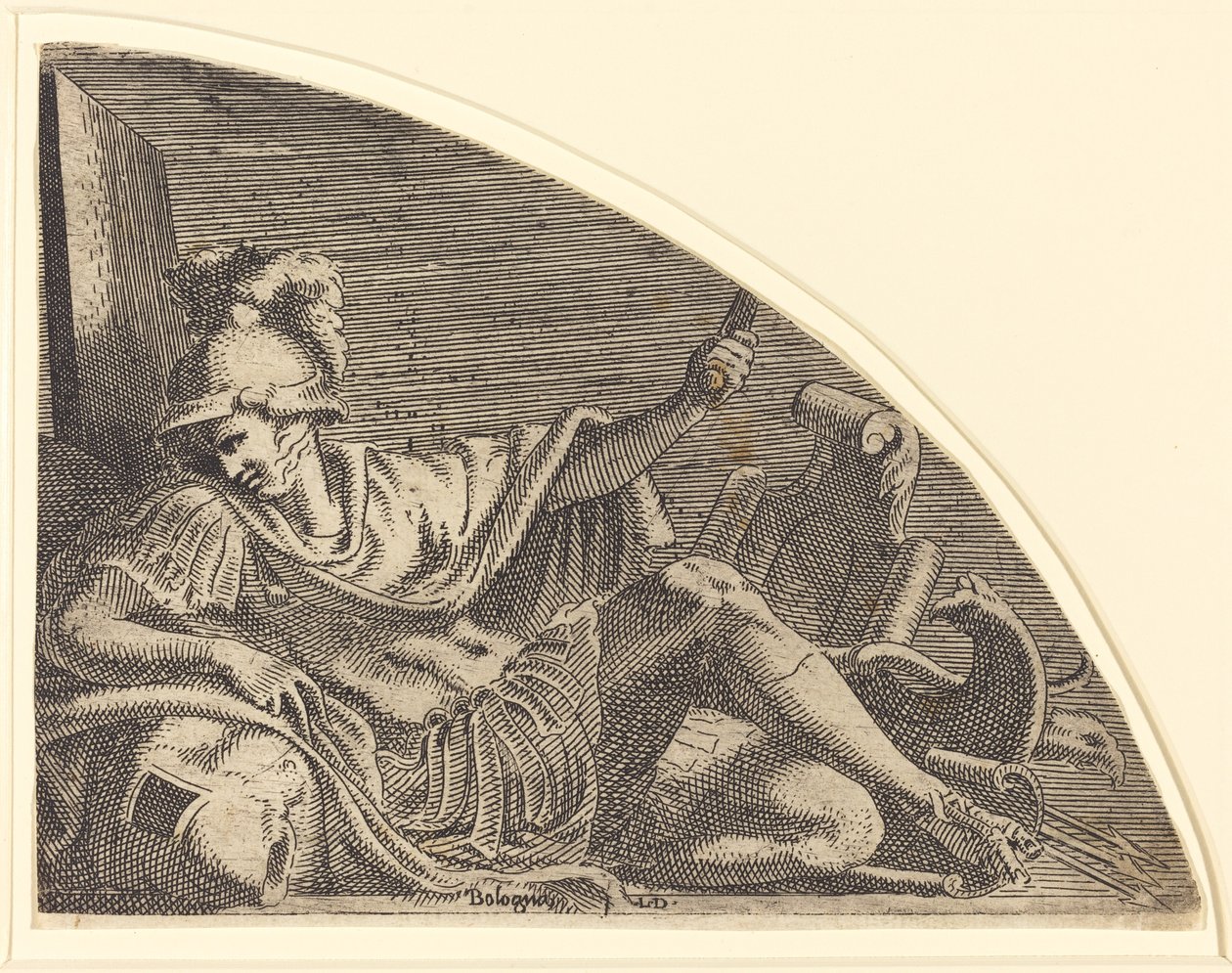 Mars Seated on Trophies by Léon Davent after Francesco Primaticcio