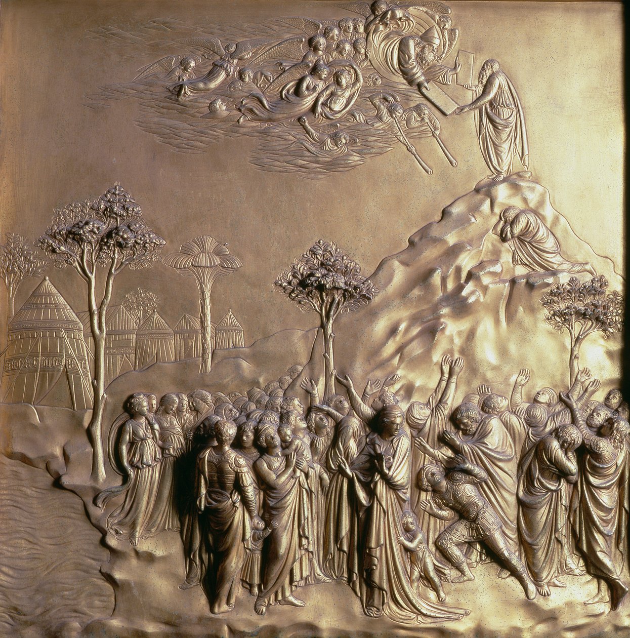 Moses receiving the Tablets of the Law, one of ten relief panels from the Gates of Paradise (East doors) by Lorenzo Ghiberti