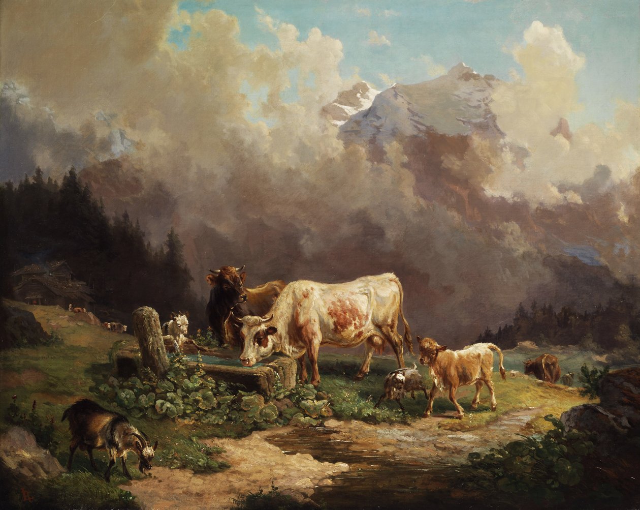 Cattle in the High Mountains at the Watering Place by Louis Reinhardt