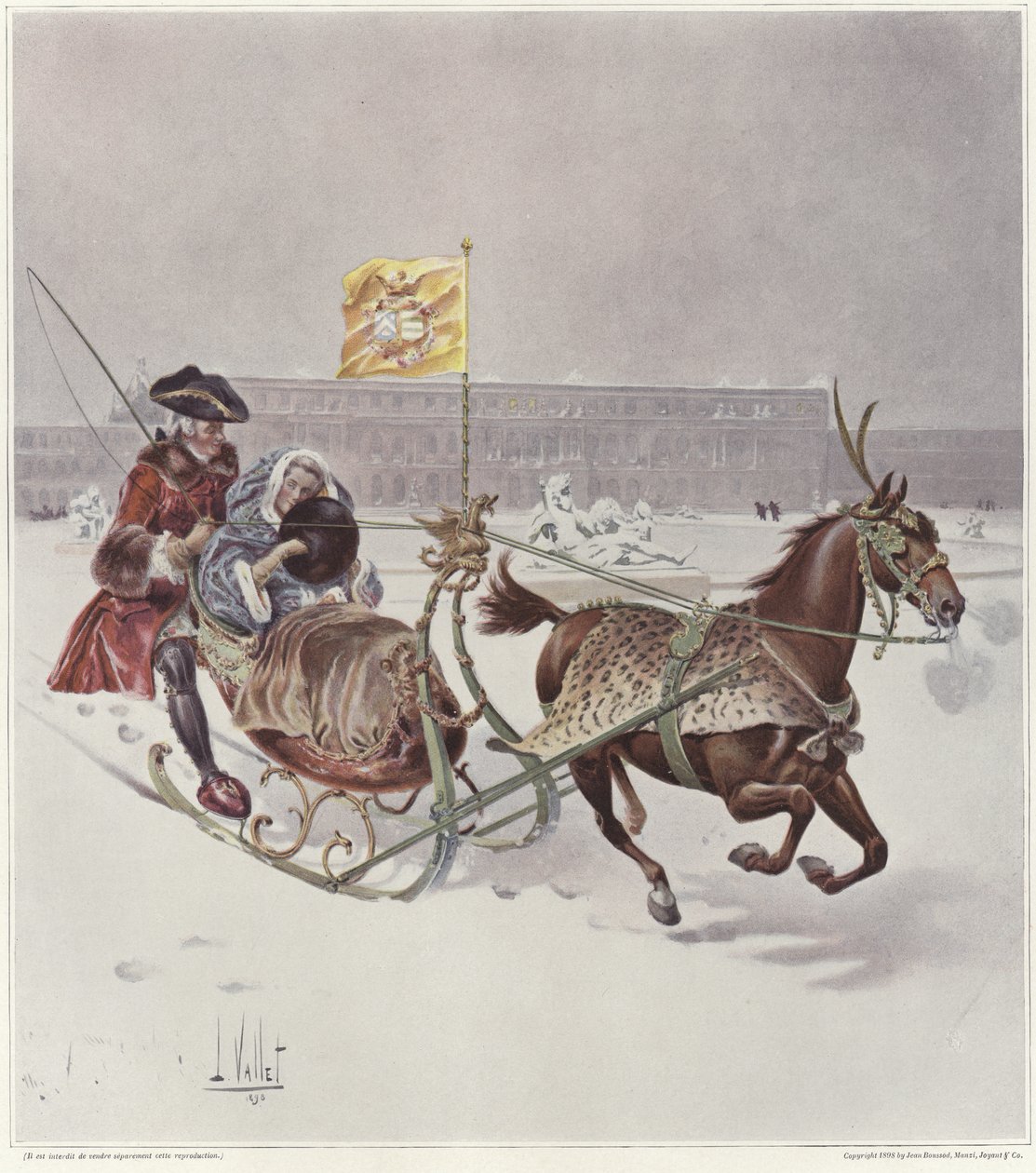 A man and a woman riding a horse-drawn sledge by Louis Vallet