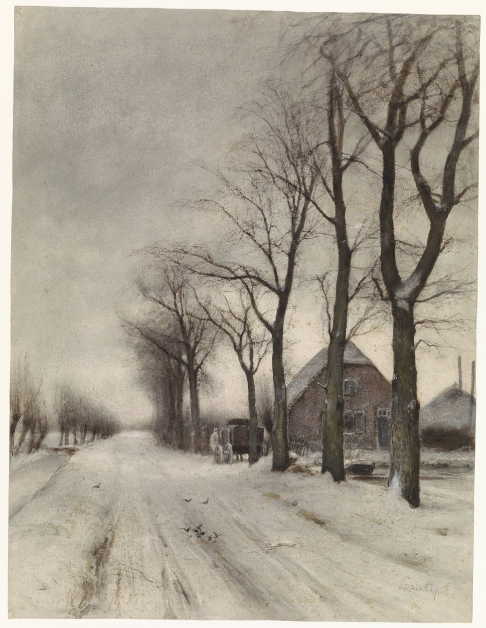 Winter Landscape with Farmhouse on an Avenue by Louis Apol