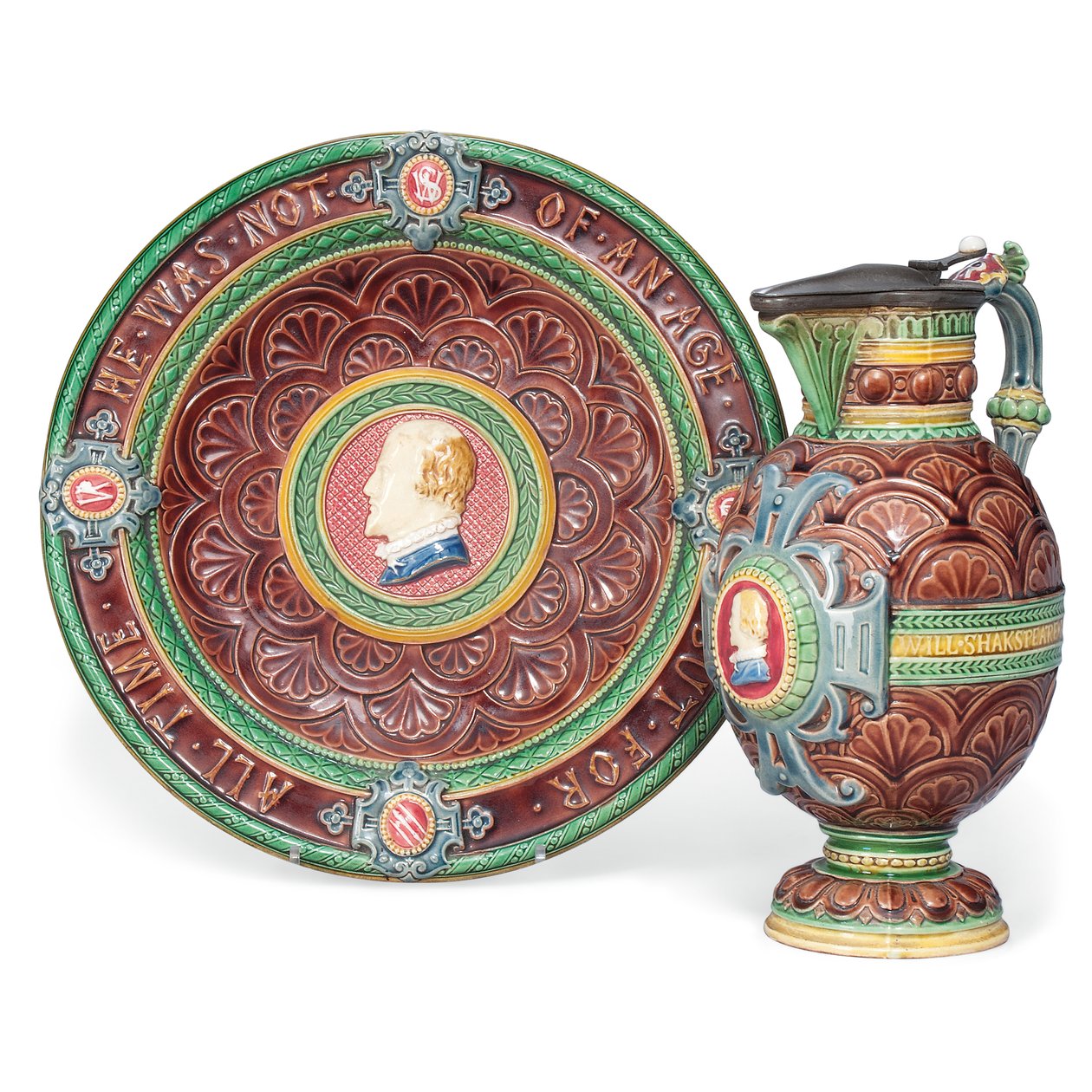 A Minton majolica ewer and stand by Ltd Mintons