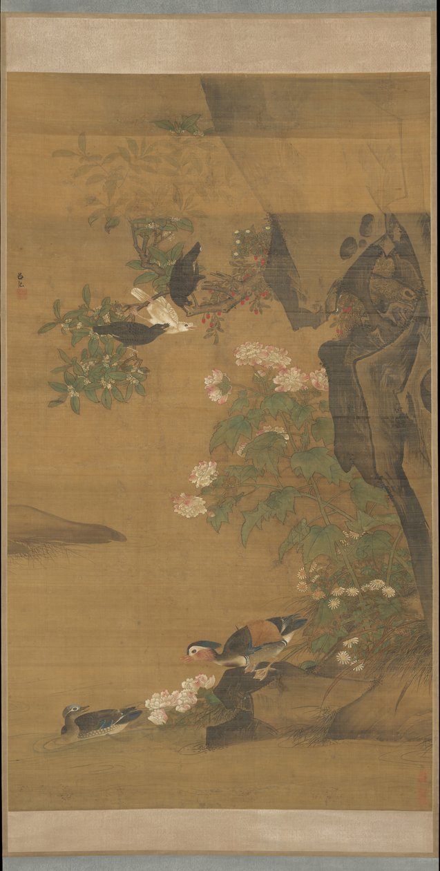 Mandarin ducks and cotton rose hibiscus by Lu Ji