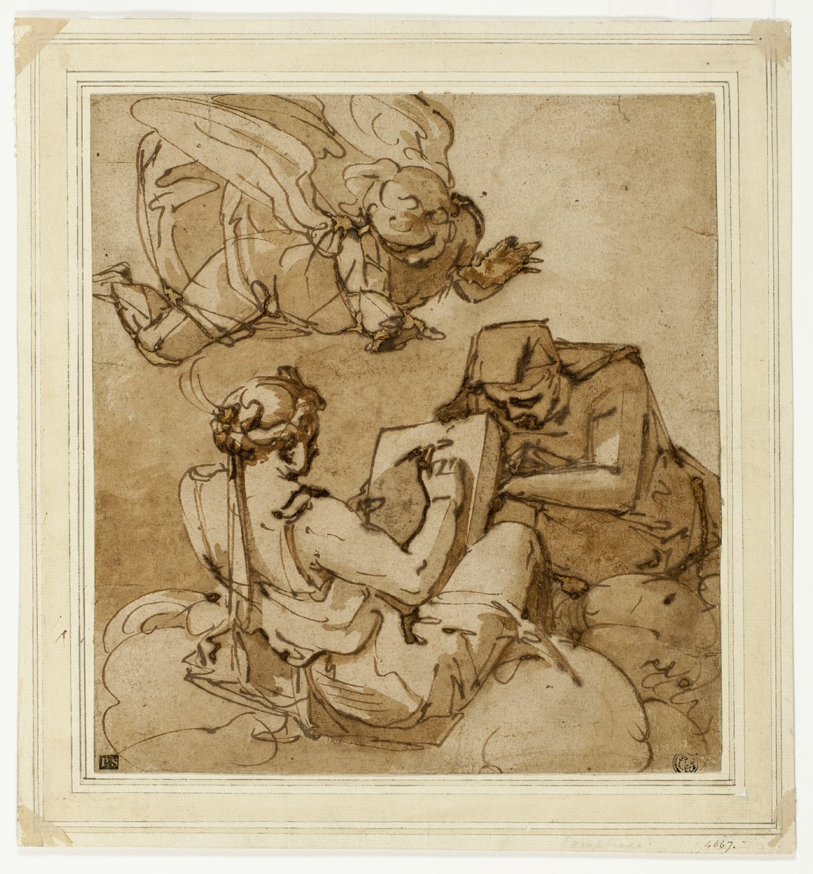 Allegorical Subject (Angel above Two Sibyls) by Luca Cambiaso
