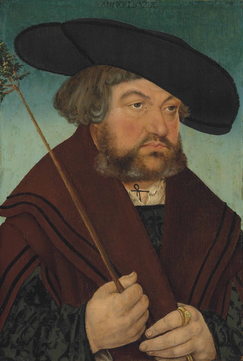 Portrait of a Man in Black Doublet and Brown Coat, Holding a Twig by Lucas Cranach the Elder