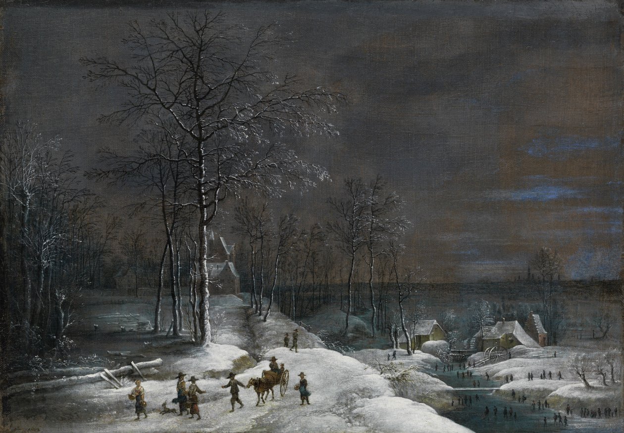 Winter Landscape with Snow-Covered Watermill and Figures by Lucas van Uden