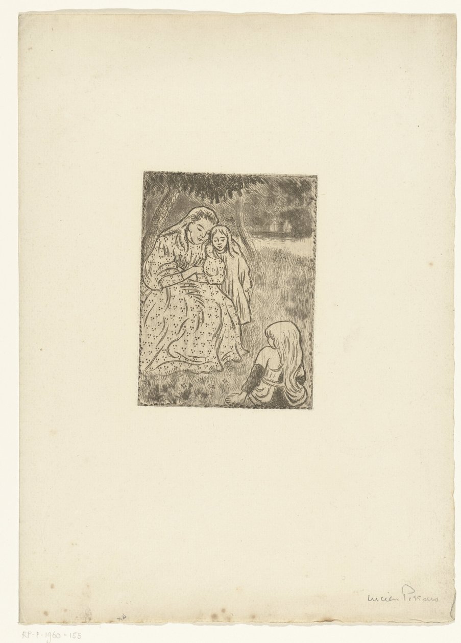 Woman with Two Girls in a Meadow by Lucien Pissarro