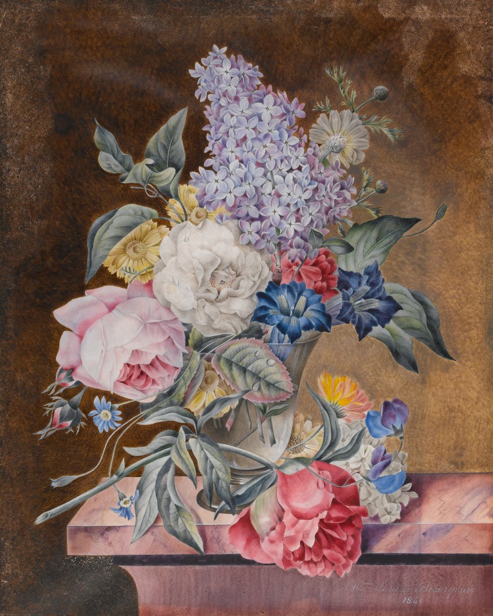 Vase of Flowers including a Rose and Lilac on a Marble Ledge, 1841 by Lucy de Beaurepaire