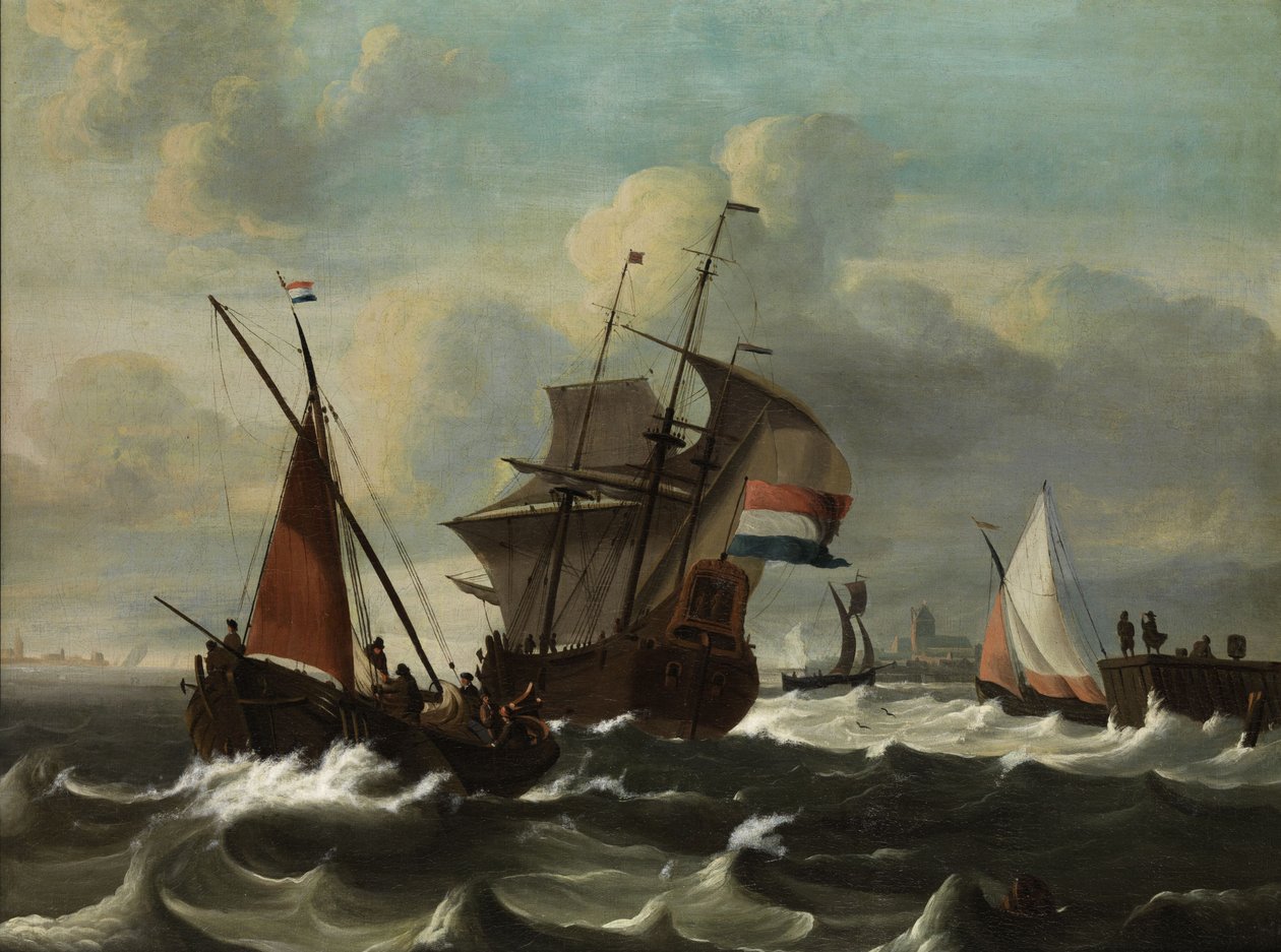 Marine Piece with Dutch-Flagged Three-Master by Ludolf Bakhuizen