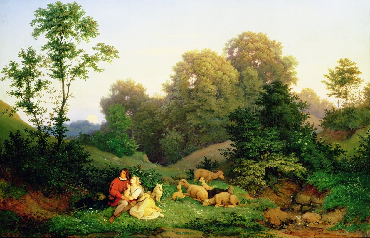 Shepherd and Shepherdess in a German Landscape, 1844 by Ludwig Adrian Richter