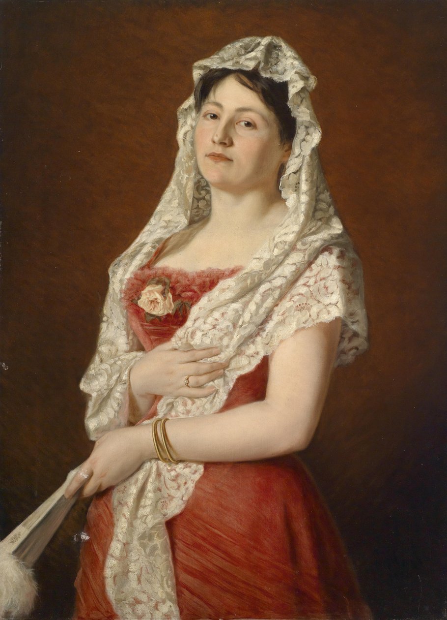 Portrait of a Lady with White Lace Mantilla and Fan by Ludwig Gloss