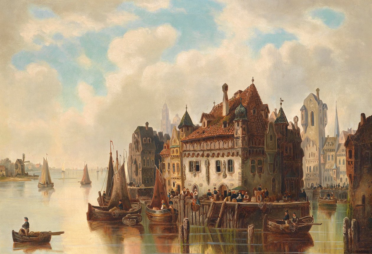 Fantasy View of a City on the River by Ludwig Hermann