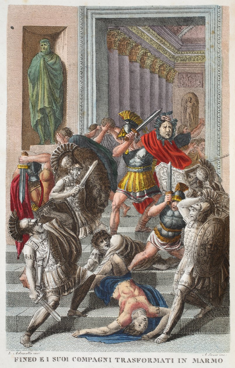 Phineus and Friends into Stone, Book V, illustration from Ovid
