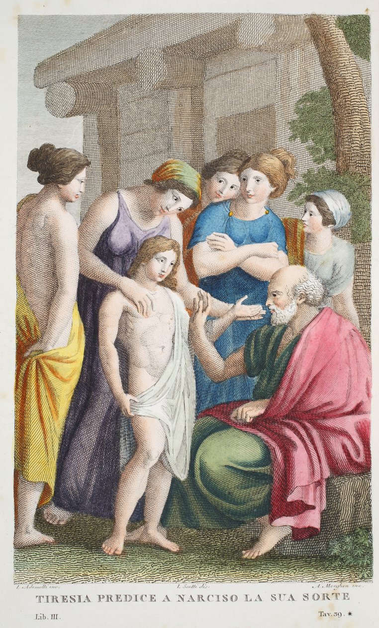 Tiresias Prophesies or Tirenia predice a Narciso la sua sorte, Book III, illustration from Ovid
