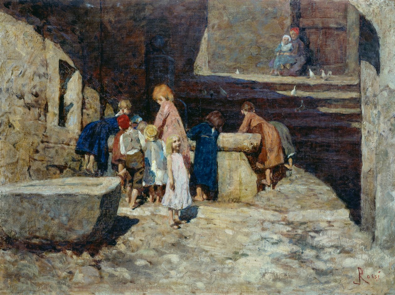 Children at the fountain by Luigi Rossi