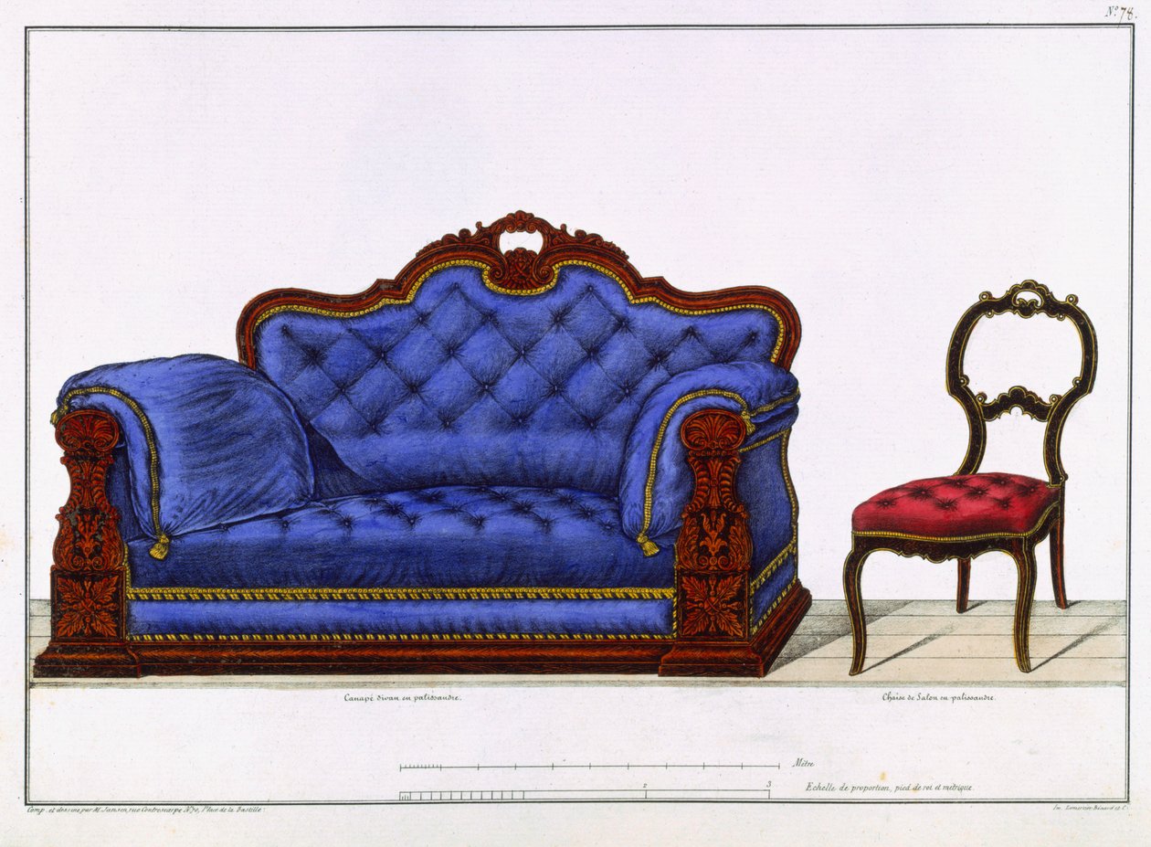 French Sofa and Chair from Modeles de Meubles et de Decorations Interieures pour les Meubles, Paris, Santi, M, 1828 by M. Santi