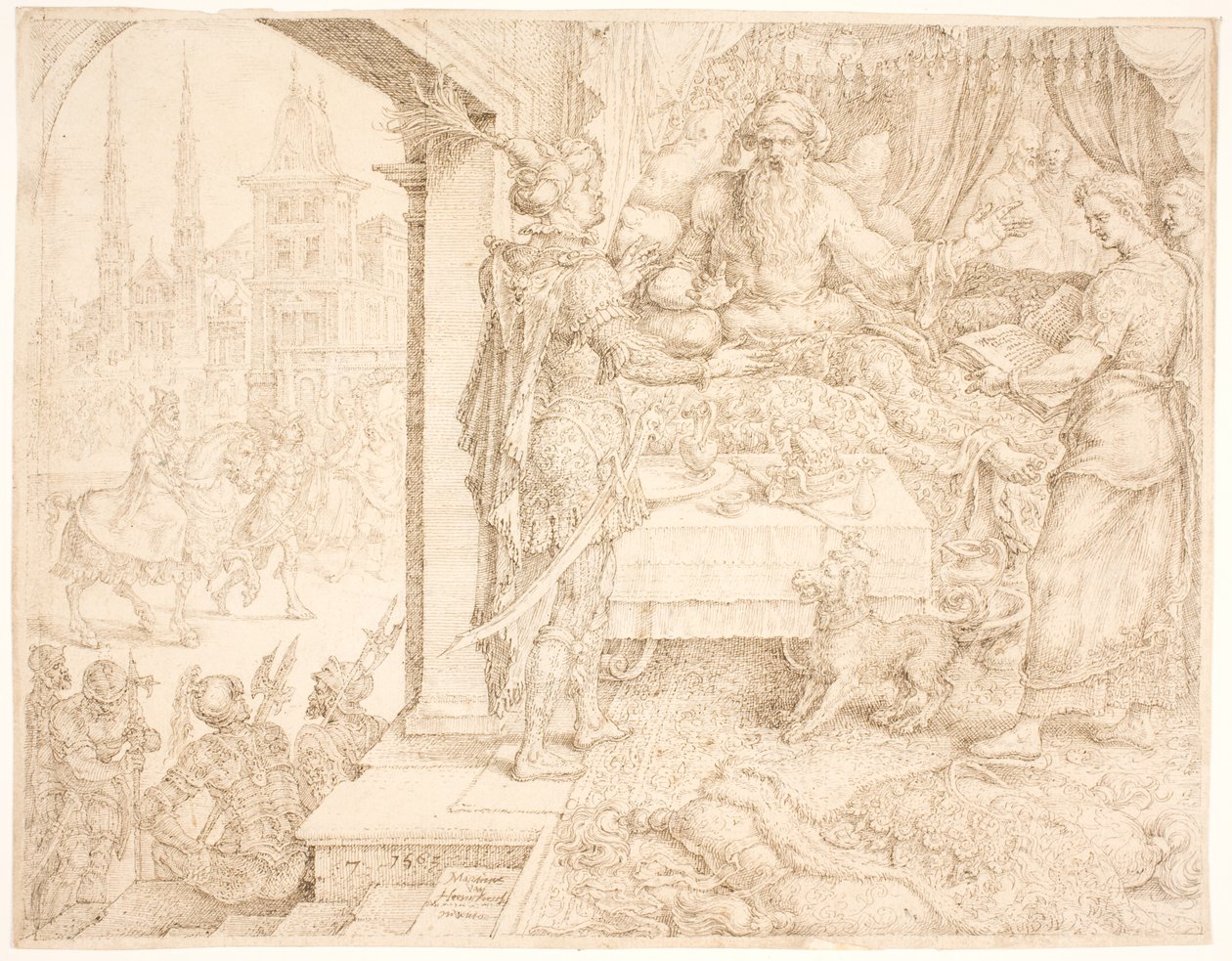 Ahasuerus Consulting Haman by Maarten van Heemskerck