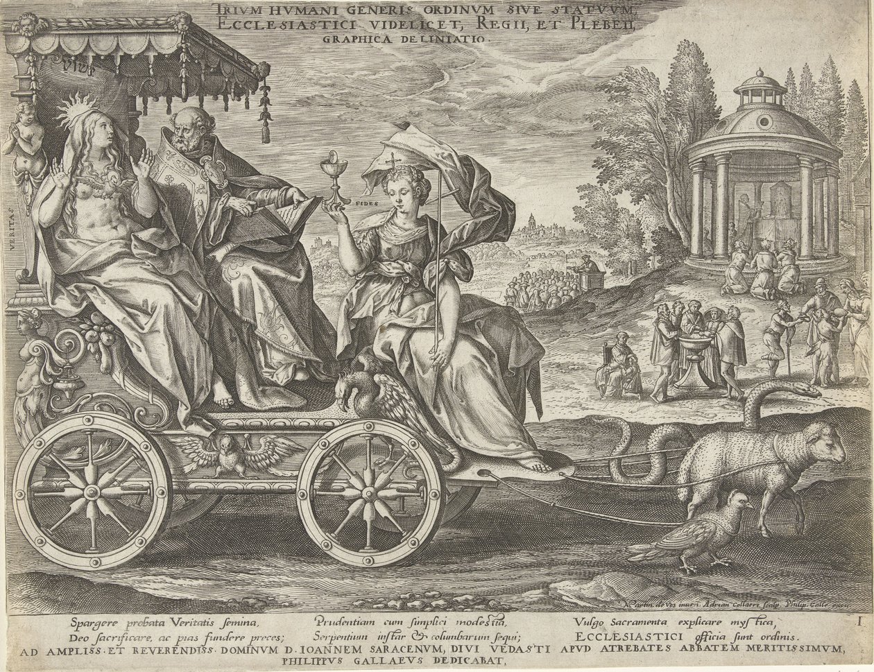 Allegory of the First Estate, engraved by Adriaen Collaert after Maarten de Vos and published by Philip Galle; dedicated to Jean Sarrazin by Maarten de Vos