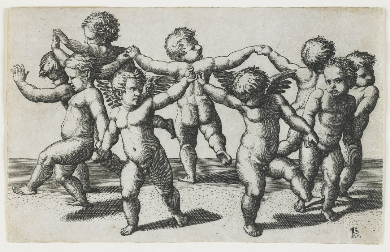 Two Cupids Leading Children in a Dance by Marcantonio Raimondi