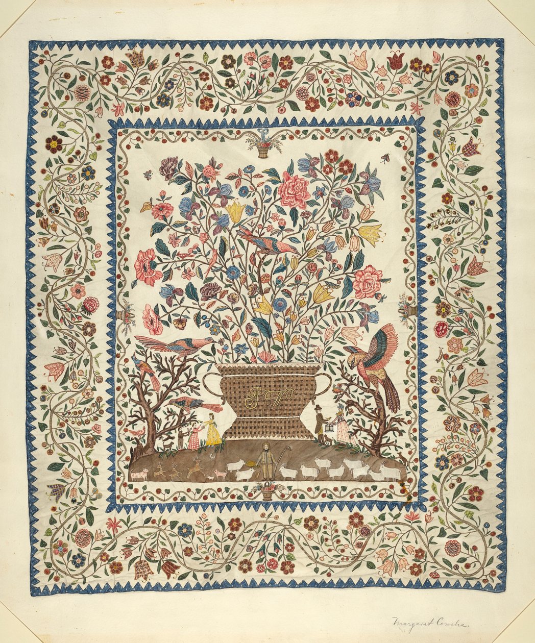 Applique and Embroidered Coverlet by Margaret Concha