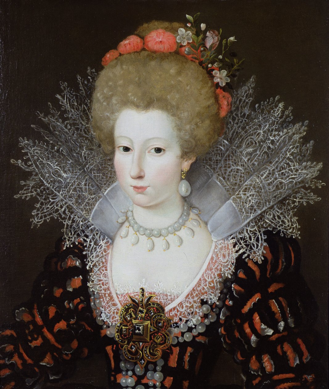 Portrait of a Lady in a High Lace Collar and Jewelled Silk Costume by Marguerite Bunel