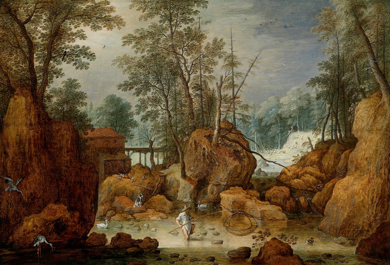 A Fisherman in a River in a Forested Landscape by Marten Ryckaert