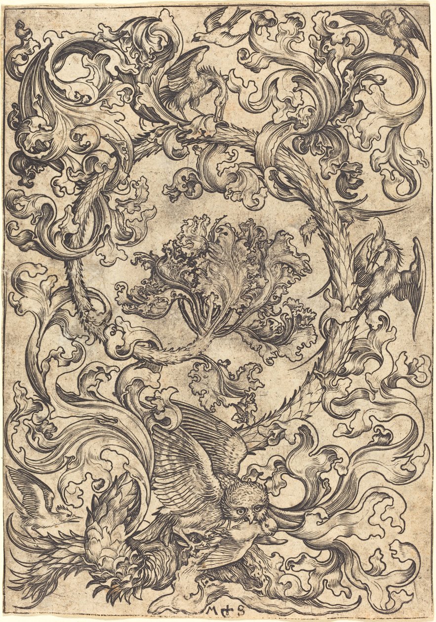 Ornament with Owl Mocked by Day Birds by Martin Schongauer