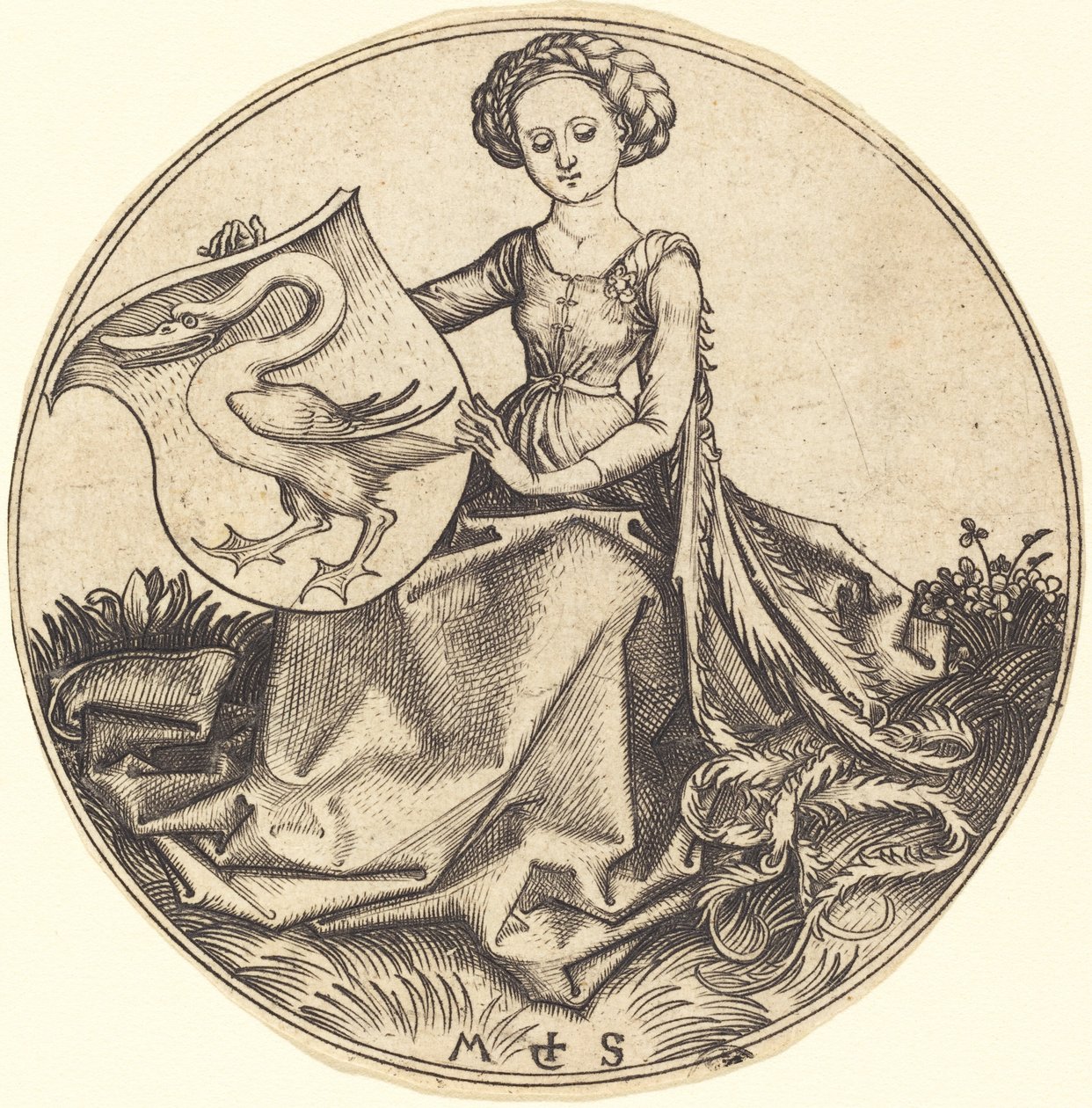 Shield with Swan, Held by Woman by Martin Schongauer