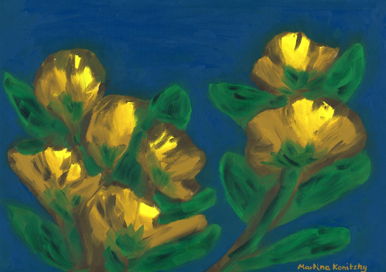 Yellow Roses Evening Sky Composition Brown Yellow Blue by Martina Konitzky