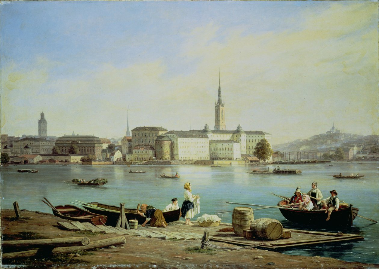 A view of Riddarholmen on Lake Malaven with the Ridarhuset and the Riddarholms church beyond, Stockholm by Martinus Rorbye