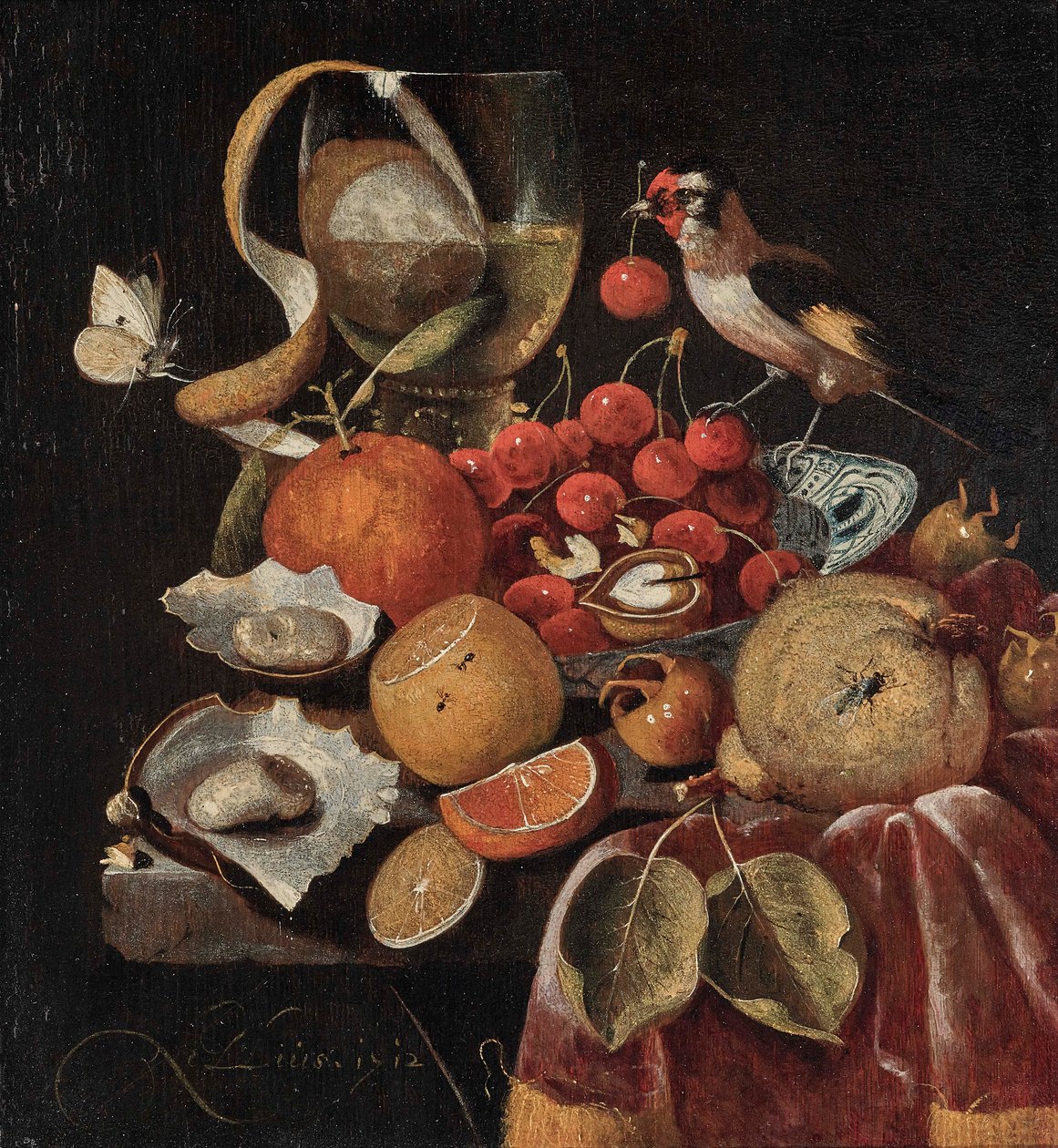 Still Life of Fruits with a Goldfinch by Martinus Nellius