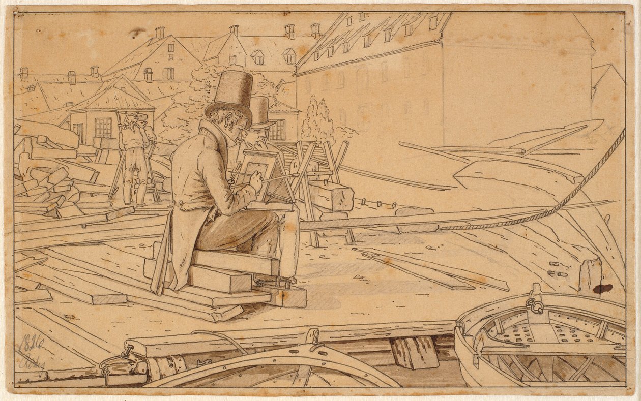 An Artist Painting by a Shipyard by Martinus Rørbye