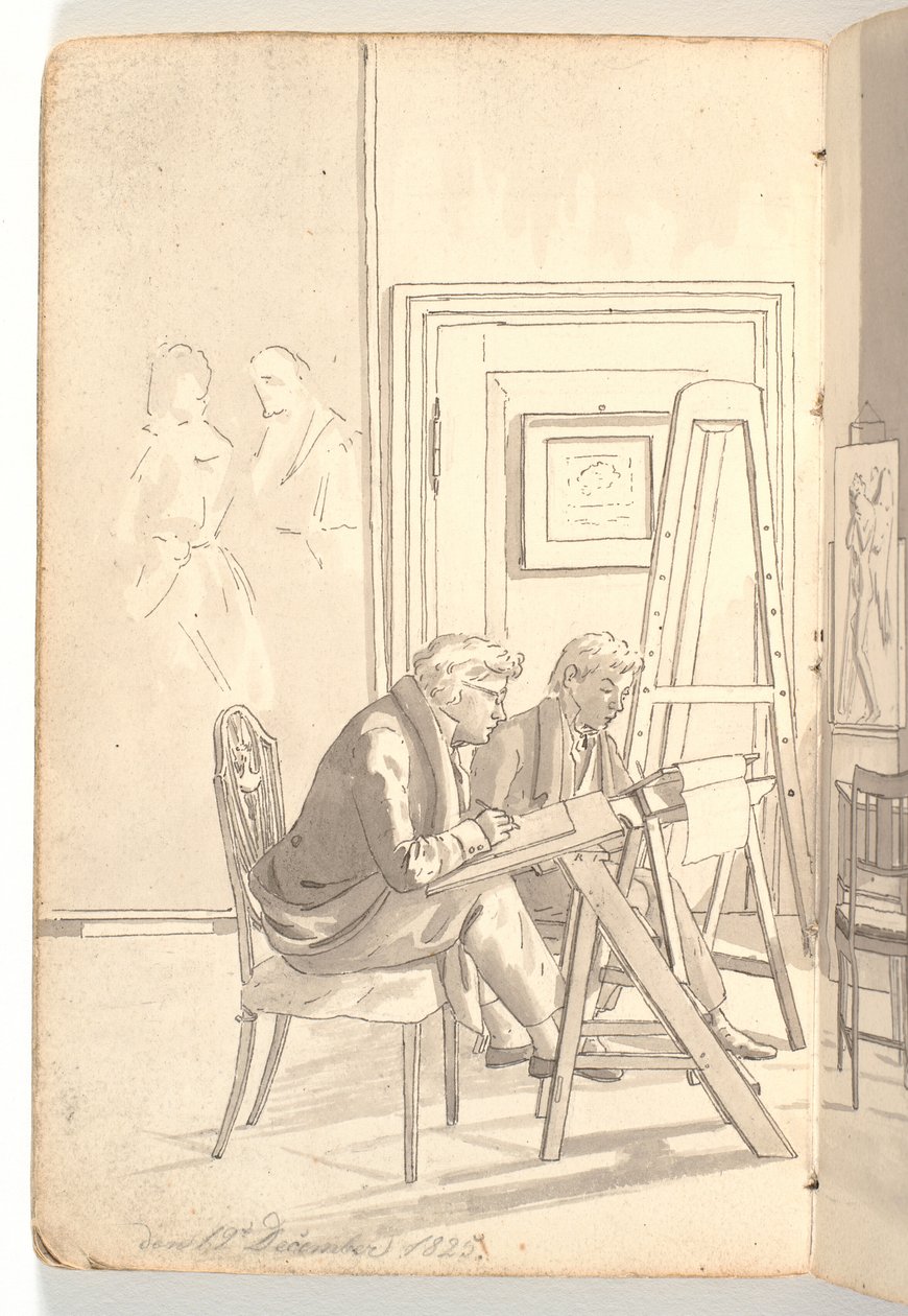 Interior from the Academy with Young Artists Drawing by Martinus Rørbye