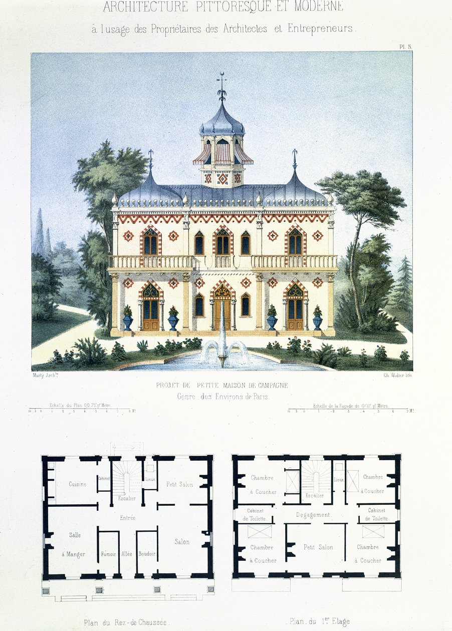 Project for a small country house near Paris, engraved by Walter, plate 5 from Architecture Pittoresque et Moderne by Marty