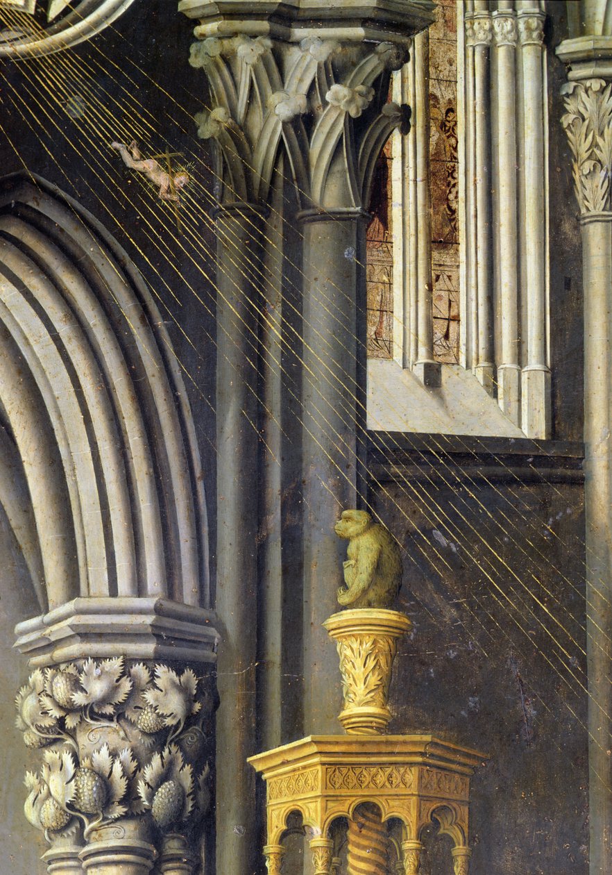 The baby Jesus falls from God the Father in heaven in a ray of light by Master of the Aix Annunciation