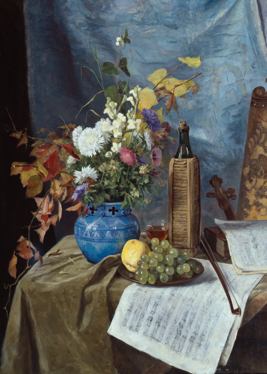 Arrangement with Wine Bottle, Flowers and Fruit by Mathilde Dietrichson