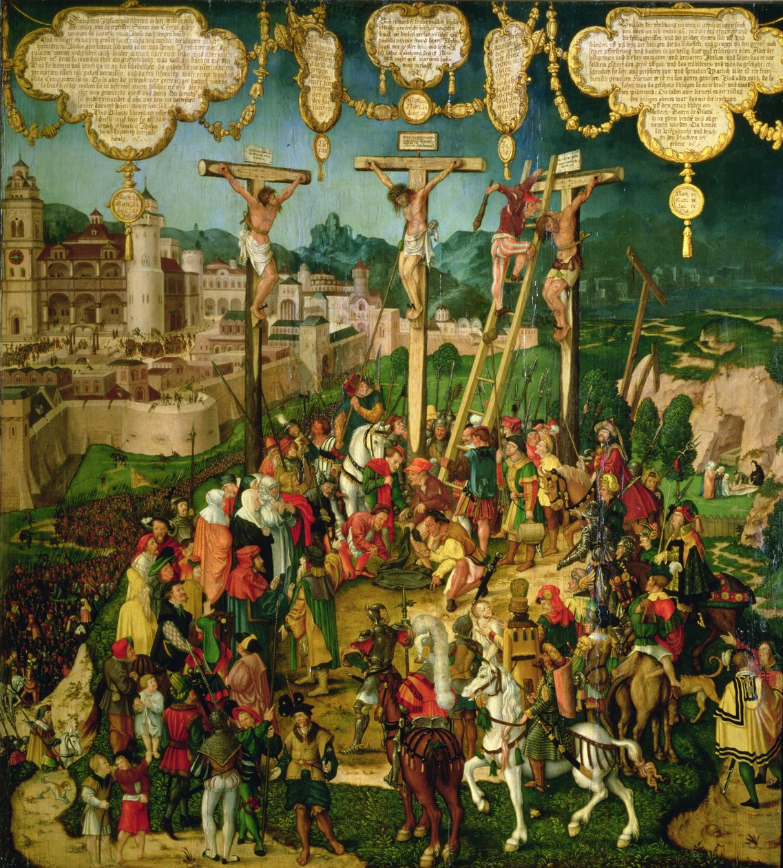 Crucifixion, central panel of the Mompelgarter Altarpiece by Matthias Gerung or Gerou