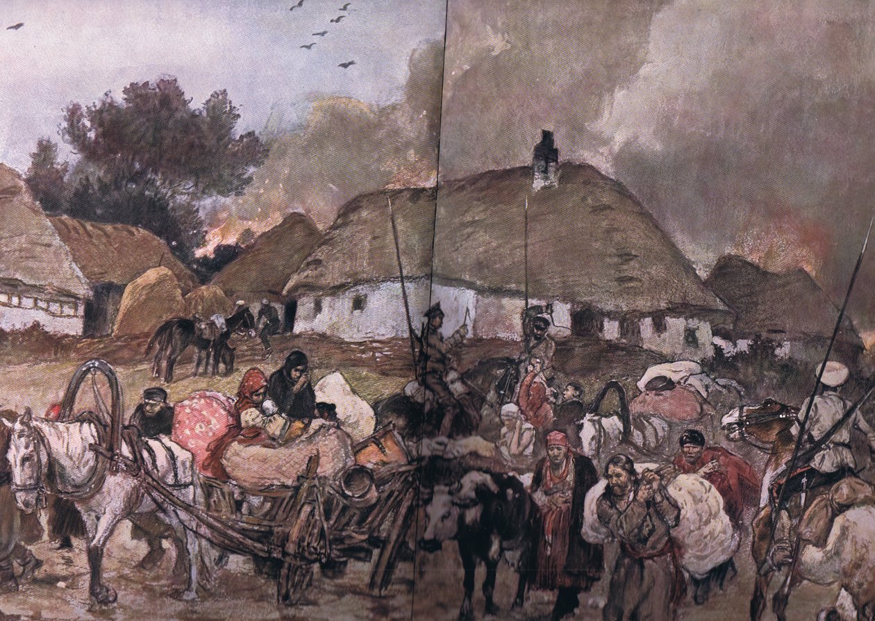On the Way to Brest-Litowsk: Polish Refugees with Cossacks Following at the Rear, from The Illustrated History of the World War 1914-1915 by Max Tilke