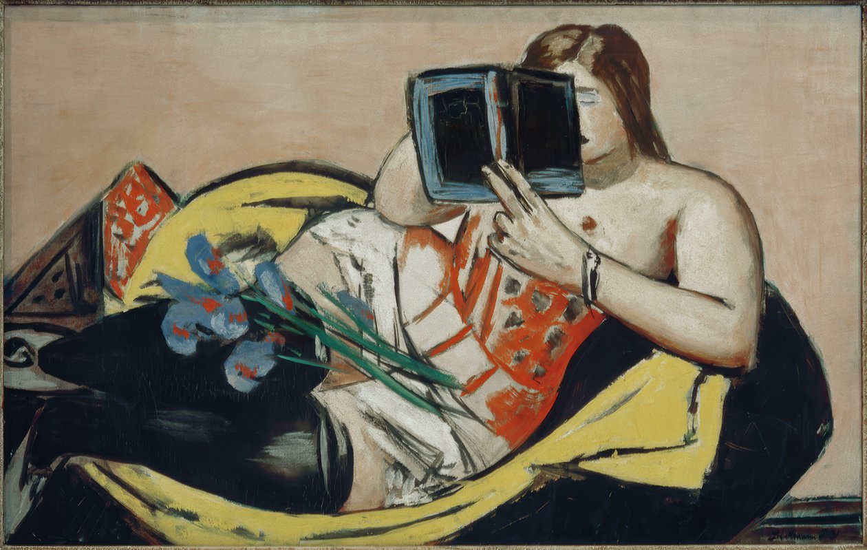 Reclining Woman with Book and Irises by Max Beckmann