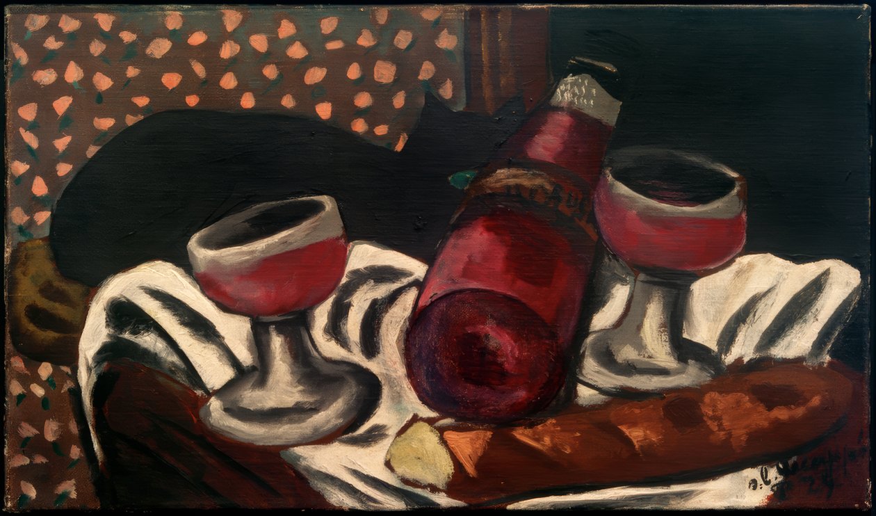 Still Life with Wine Glasses and Cat by Max Beckmann