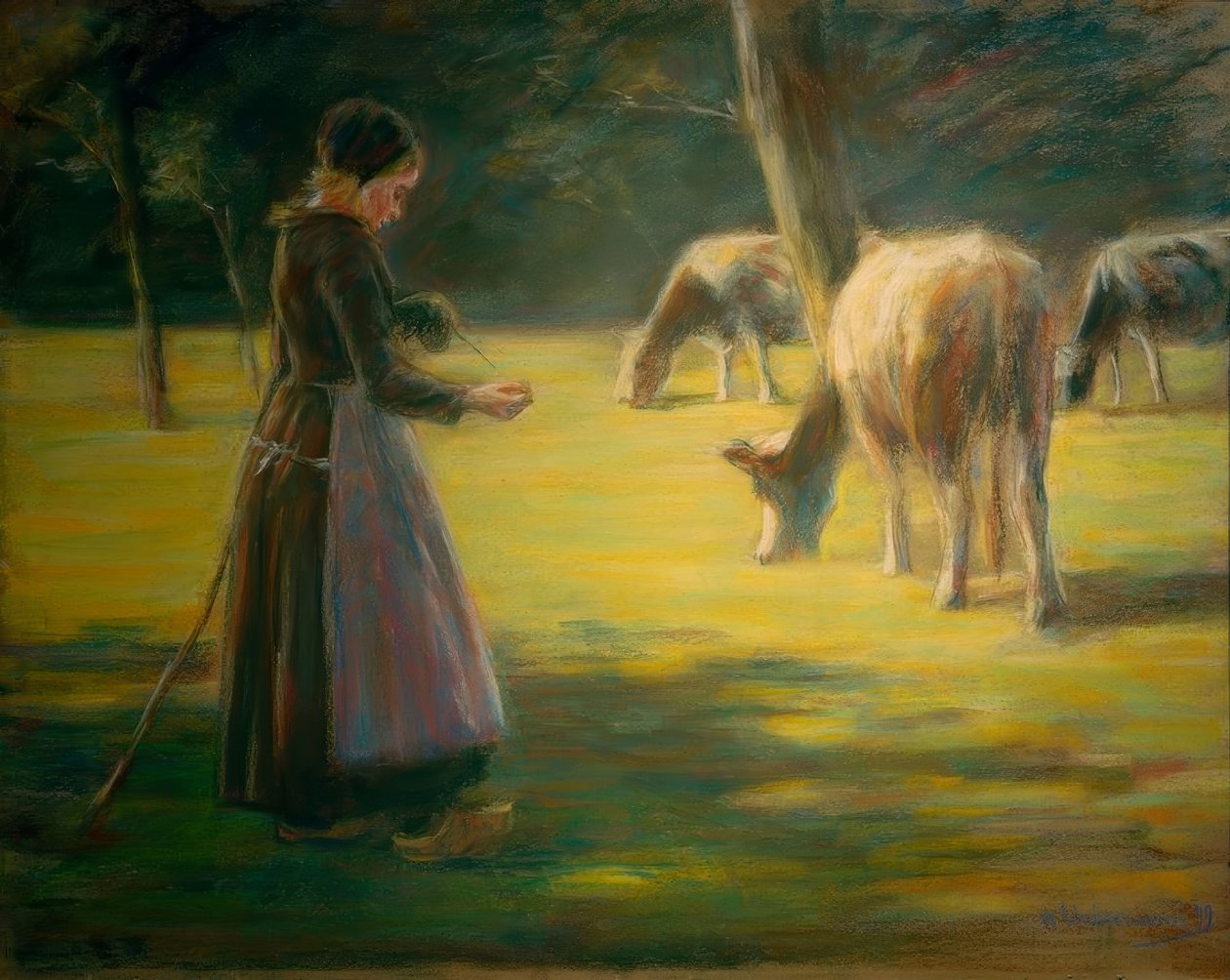 Spinning Cowherd on the Pasture – In the Sunshine by Max Liebermann