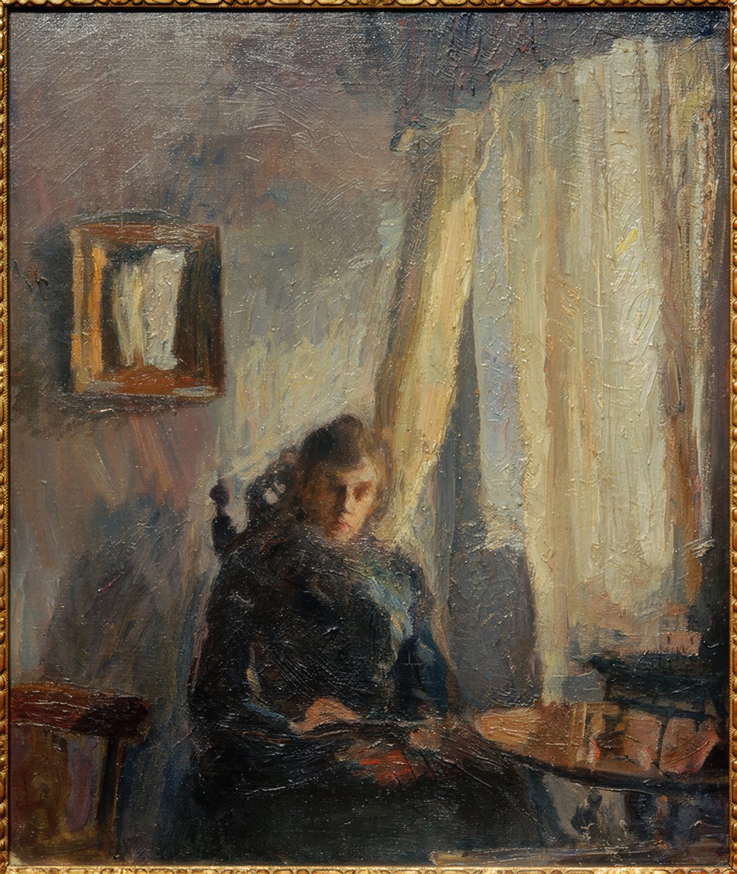 Interior Nini at the Table with Curtain by Max Slevogt