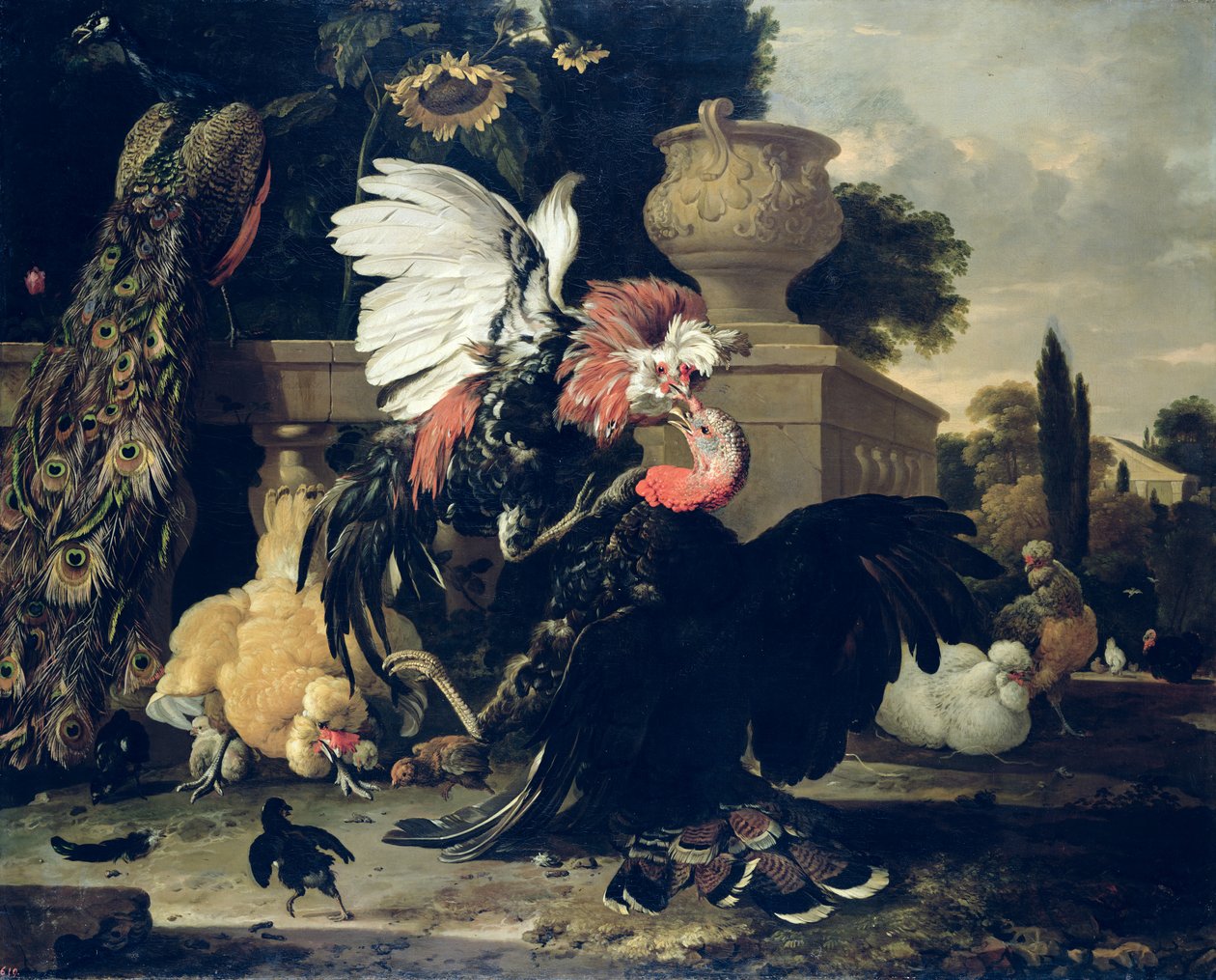 Fight between a Rooster and a Turkey by Melchior de Hondecoeter