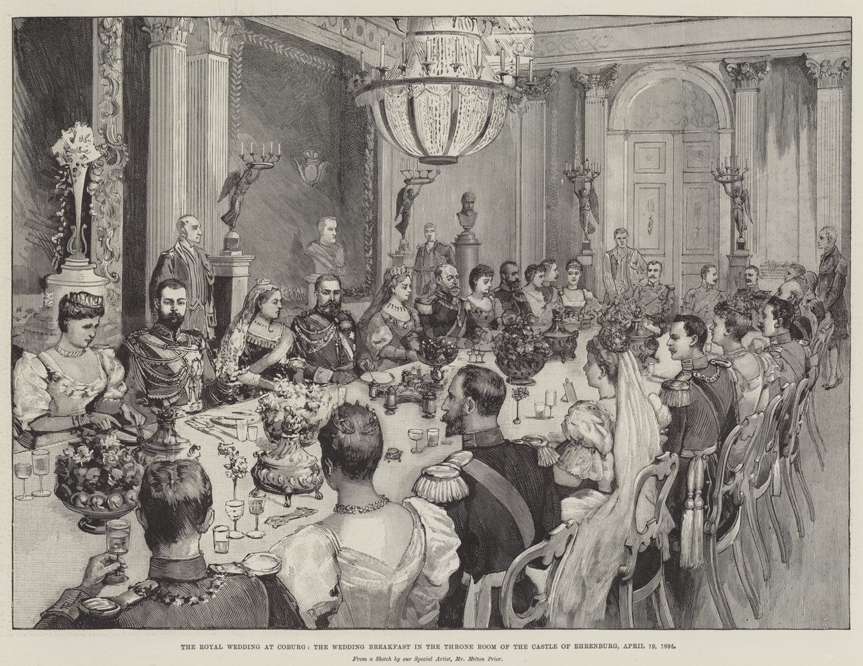 The Royal Wedding at Coburg, the Wedding Breakfast in the Throne Room of the Castle of Ehrenburg, 19 April 1894 by Melton Prior