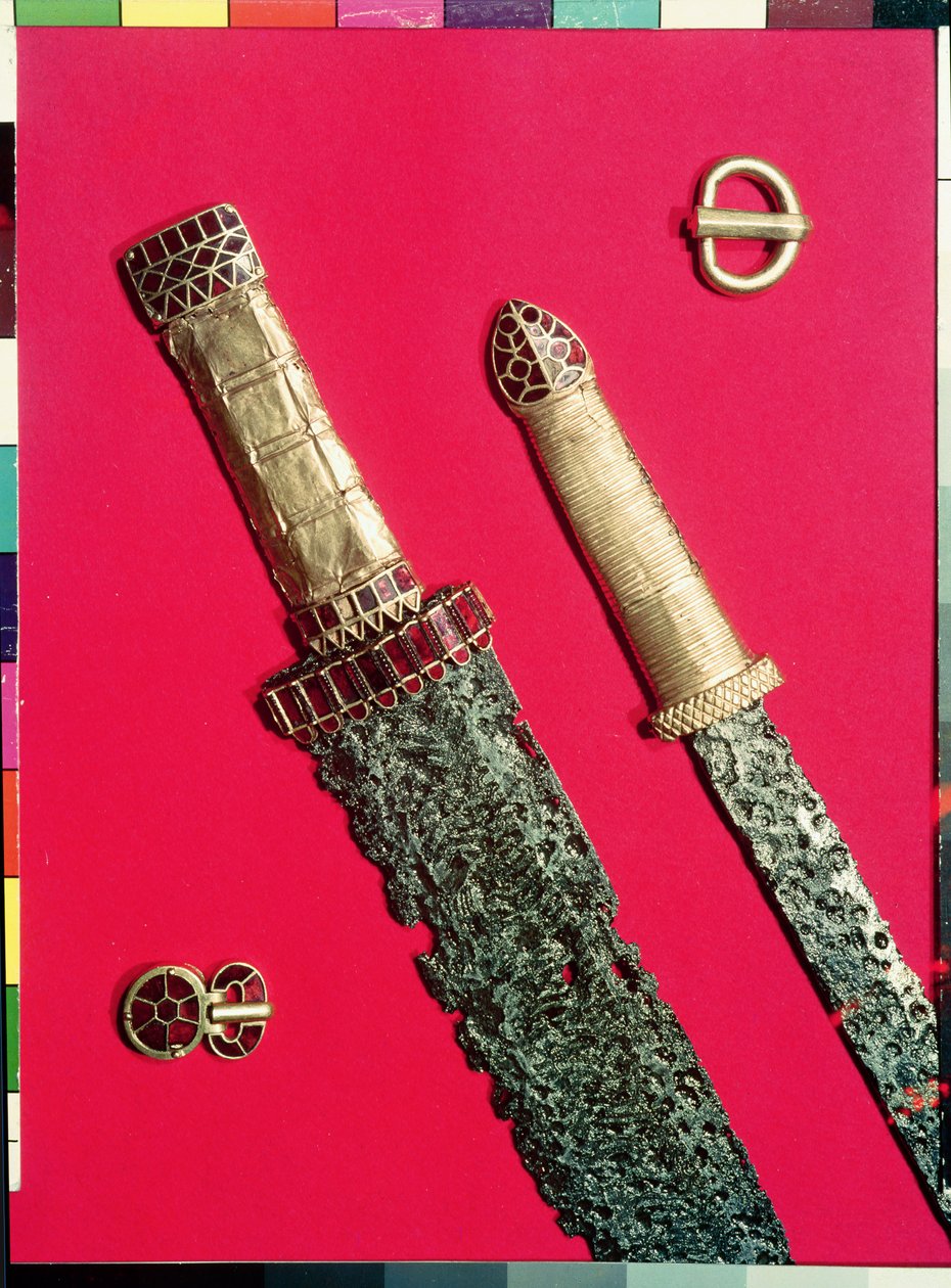 Two Swords with Decorated Hilts and Two Belt Buckles, from the Pouan Treasure by Merovingian