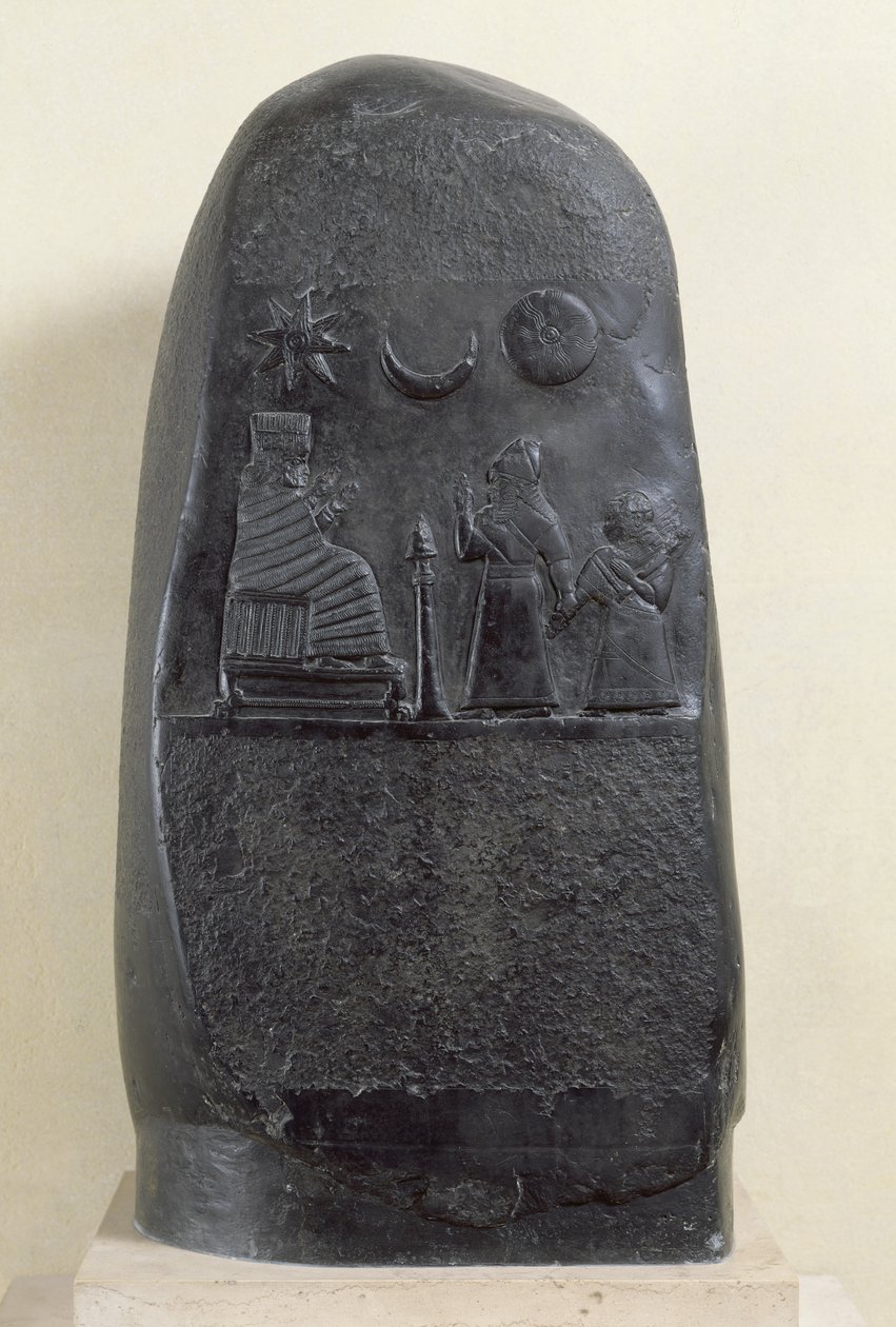 Kudurru of King Melishikhu II depicting the king presenting his daughter to a goddess, from Babylon by Mesopotamian