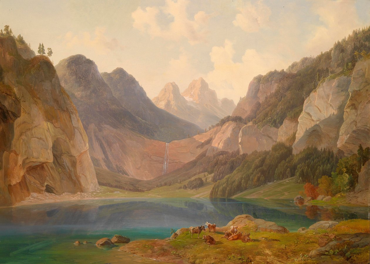 Mountain Landscape with Resting Herd in the Foreground by Michael Lueger